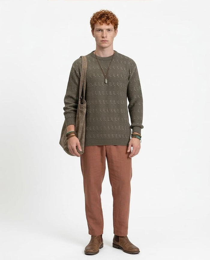 Ravin Men's Olive Textured Ribbed Sweater with Contrast Fleck Detail - R214495