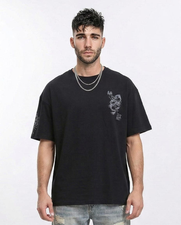 Men's Oversized Dragon Graphic Streetwear T-Shirt - Black