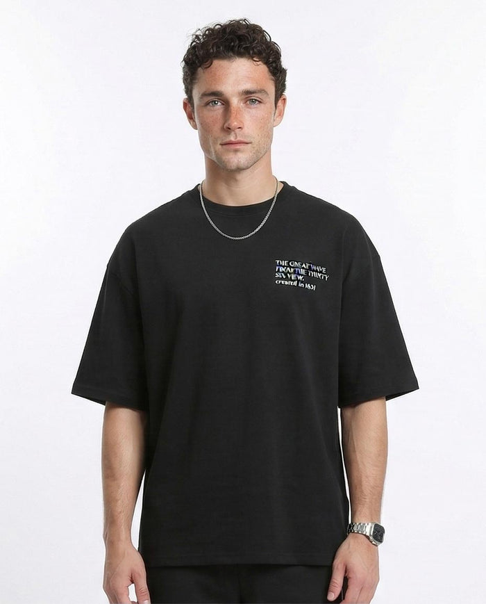 Men's Oversized "great Wave" Graphic T-Shirt - Black