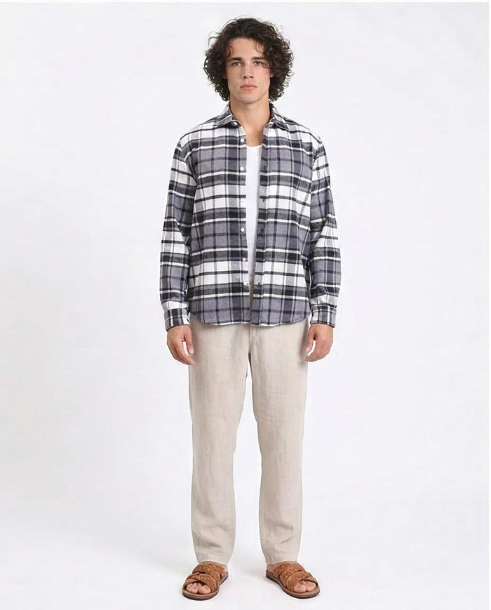 Ravin | Men's Oversized Heavyweight Plaid Flannel Shirt - Grey & White - R213201