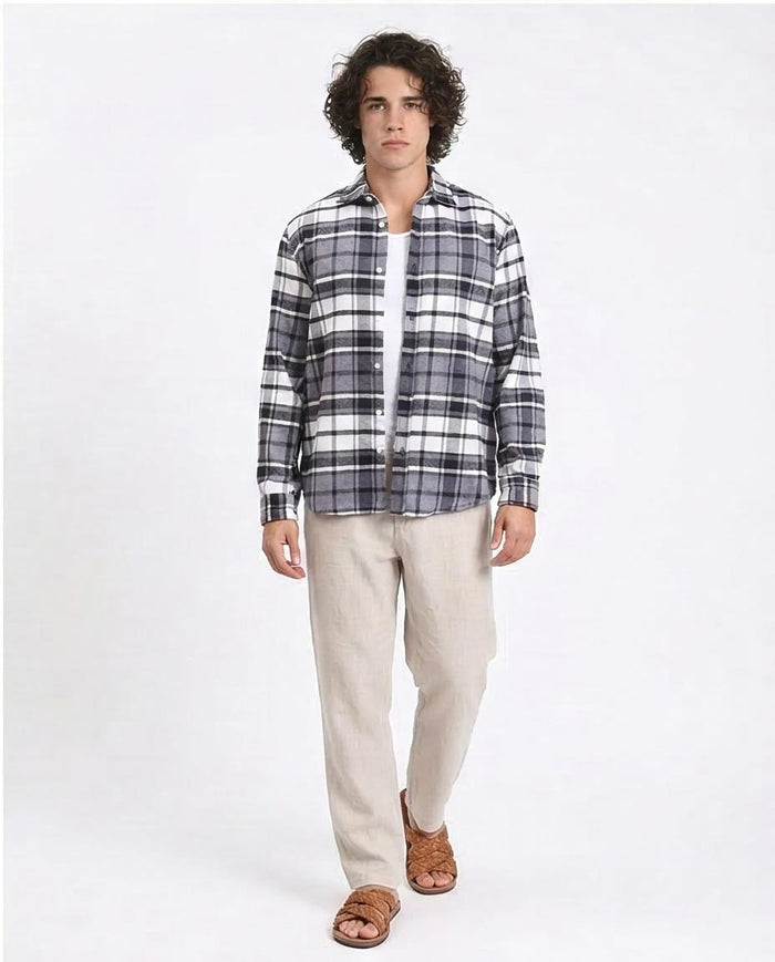 Ravin | Men's Oversized Heavyweight Plaid Flannel Shirt - Grey & White - R213201
