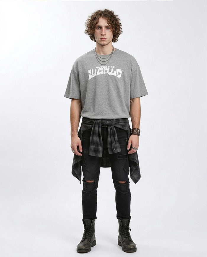 Ravin Men’s Oversized "Out Of This World" Distressed Graphic T-Shirt – Heather Grey - R212291
