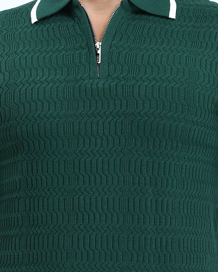 Ravin Mens Quarter-Zip Wave Texture Polo Shirt - Cotton Blend - Forest Green - R213026