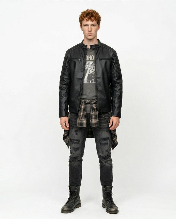 Ravin Men’s Quilted-Shoulder Moto Biker Jacket in Matte Black - R212920