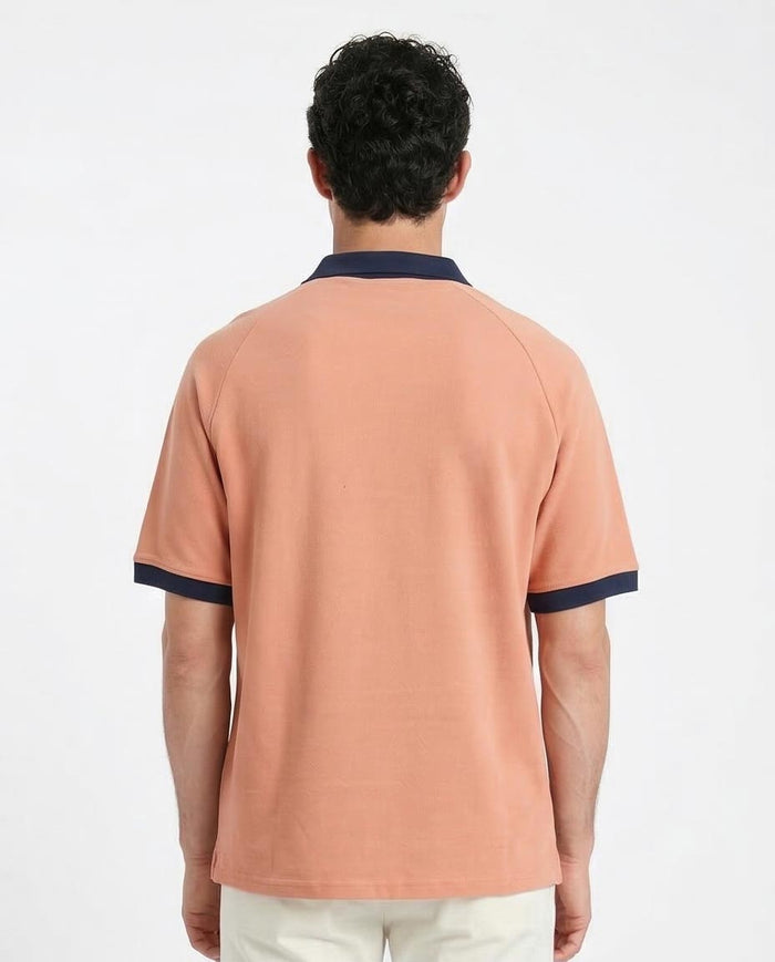 Ravin Men's Raglan Polo Shirt with Contrast Ribbed Collar & Cuffs - Coral/Navy - R212077
