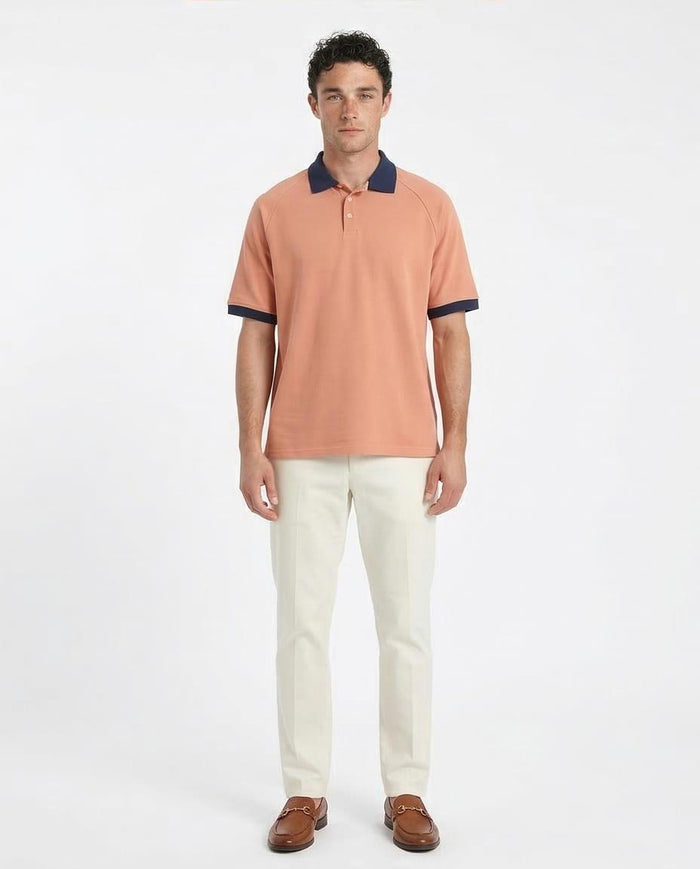 Ravin Men's Raglan Polo Shirt with Contrast Ribbed Collar & Cuffs - Coral/Navy - R212077