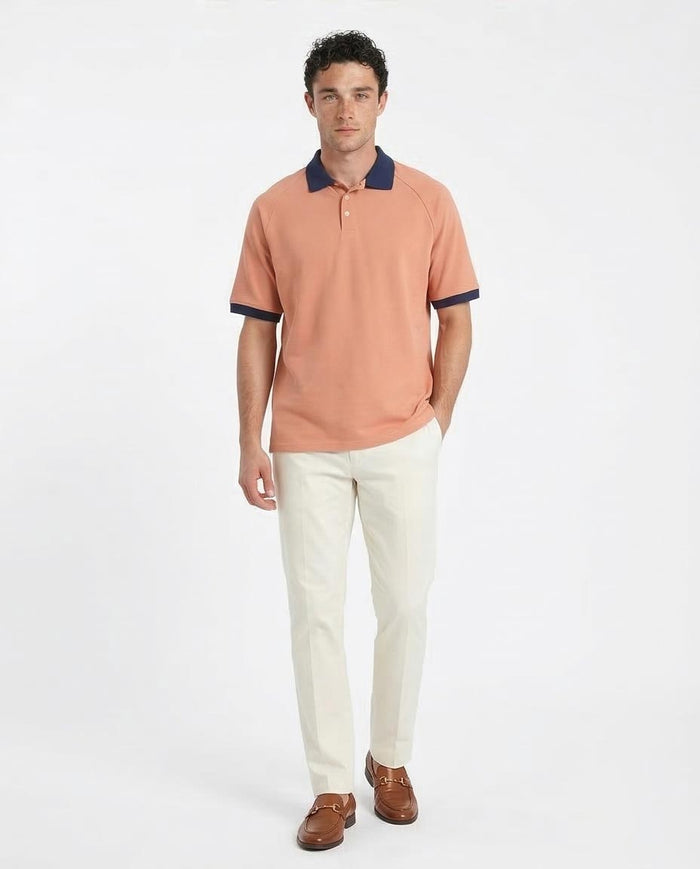 Ravin Men's Raglan Polo Shirt with Contrast Ribbed Collar & Cuffs - Coral/Navy - R212077