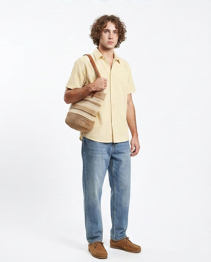 Ravin Men's Relaxed Fit Seersucker Striped Short-Sleeve Shirt - Beige & Goldenrod - R210503