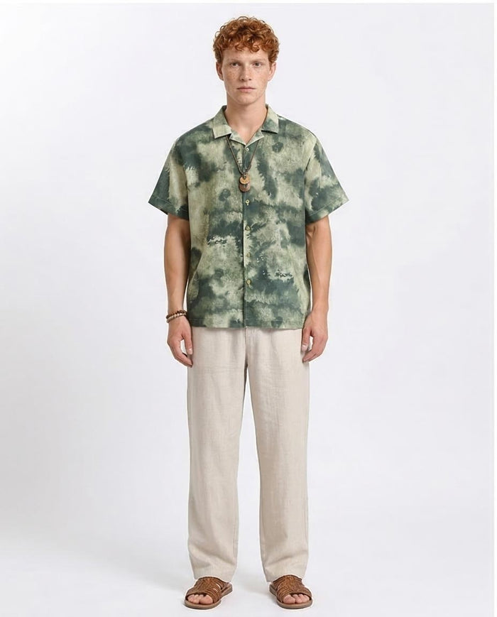 Ravin | Men’s Resort Cloud-Wash Camp Collar Shirt- Olive & Dark Green - R204707