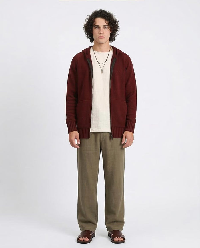Ravin Men's Ribbed Knit Raglan Zip-Up Hoodie – Burgundy - R211738