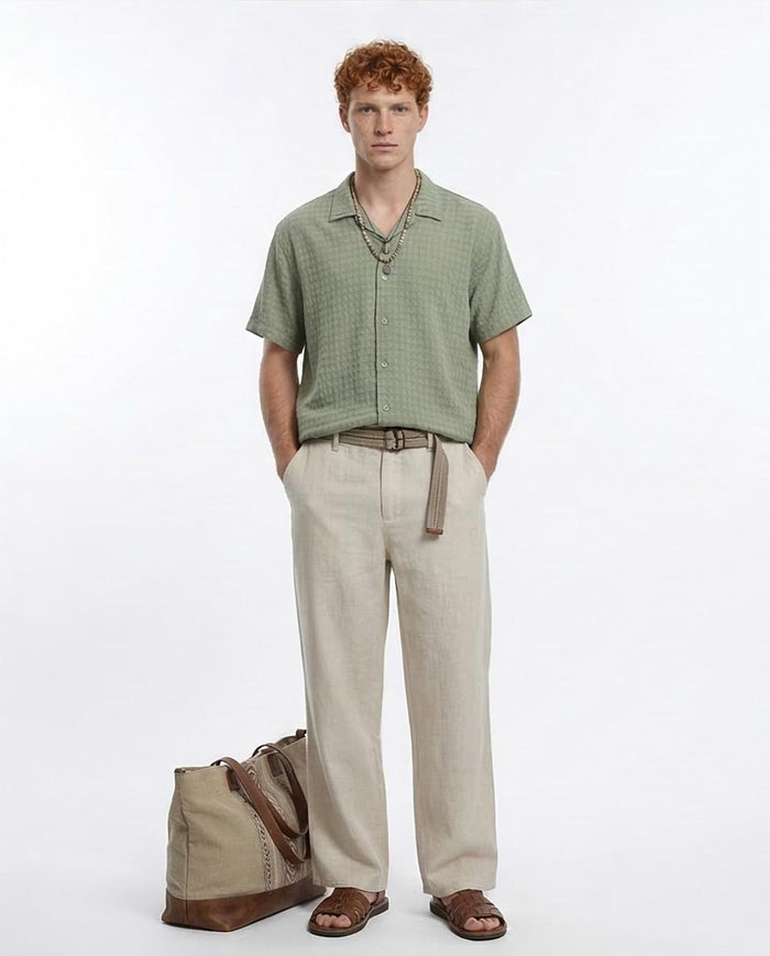 Ravin Men's Sage Green Textured Seersucker Resort Shirt - R210828