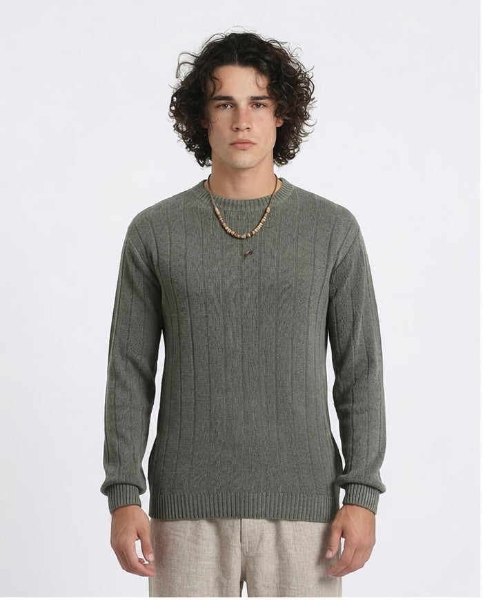 Man wearing a gray sweater on a white background