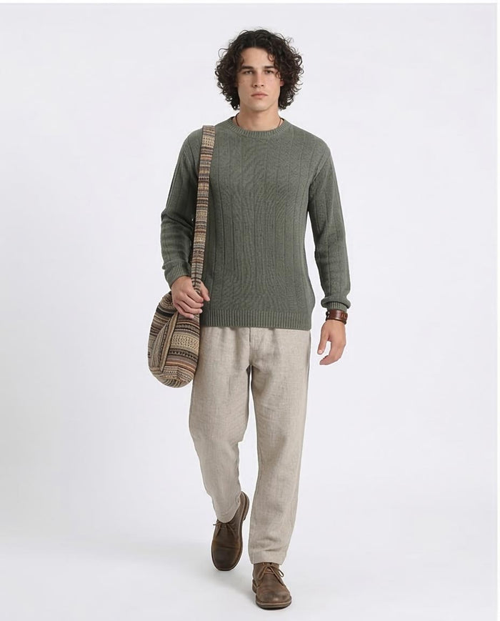 Ravin Men’s Sage Green Vertical Ribbed Knit Crewneck Sweater - R212599