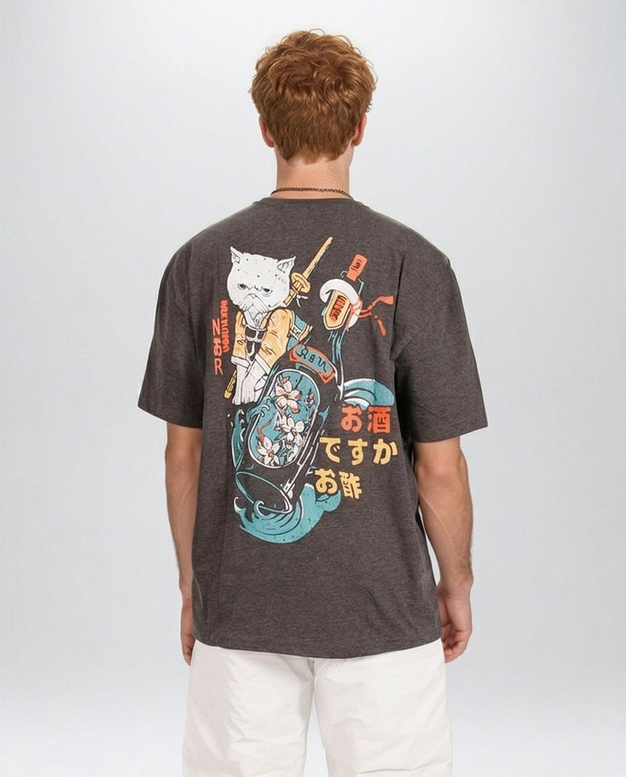 Ravin | Men’s Samurai Cat Graphic Oversized T-Shirt – Charcoal Marl – Charcoal Grey - R204518