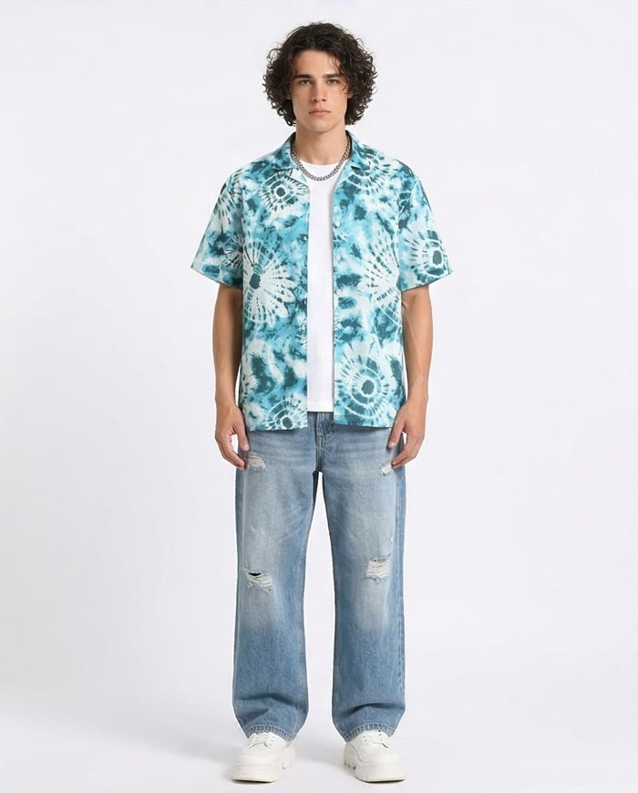 Ravin Men’s Shibori Sunburst Relaxed Camp Collar Shirt – Turquoise/White - R204712