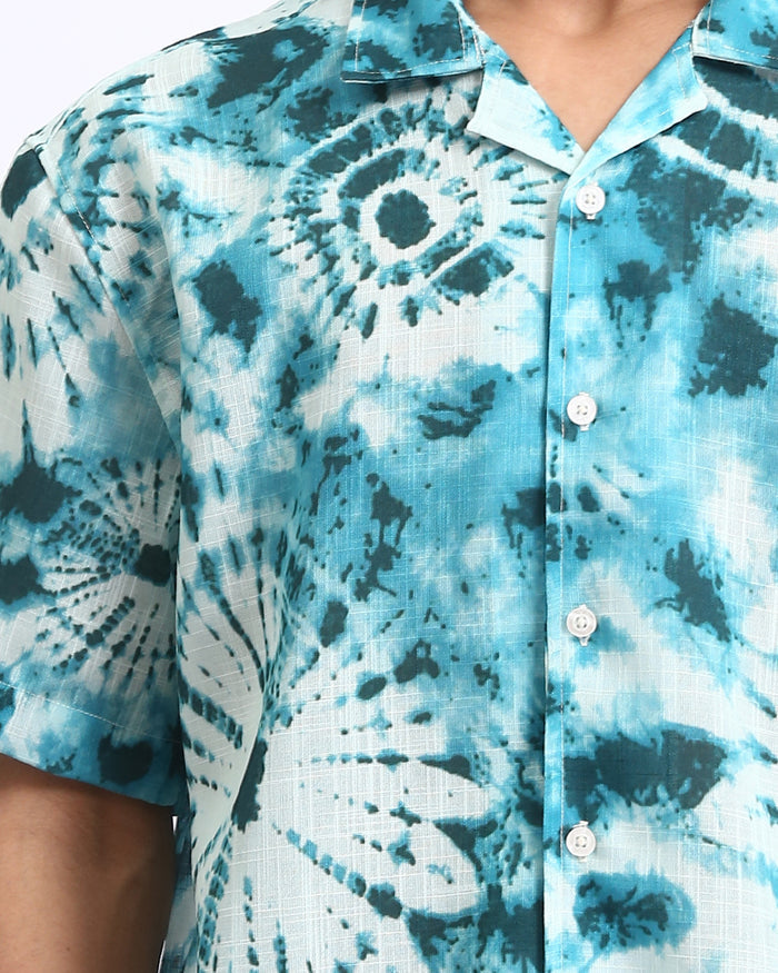 Ravin Men’s Shibori Sunburst Relaxed Camp Collar Shirt – Turquoise/White - R204712