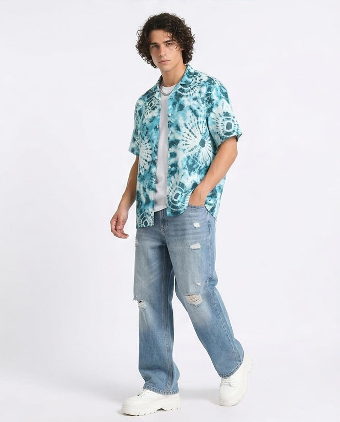 Ravin Men’s Shibori Sunburst Relaxed Camp Collar Shirt – Turquoise/White - R204712