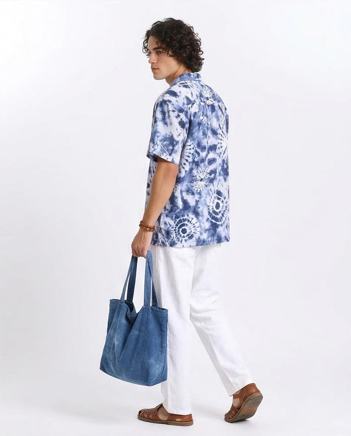 RAVIN Men’s Shibori Sunburst Relaxed Fit Camp Collar Shirt – Indigo Tie-Dye - R204706
