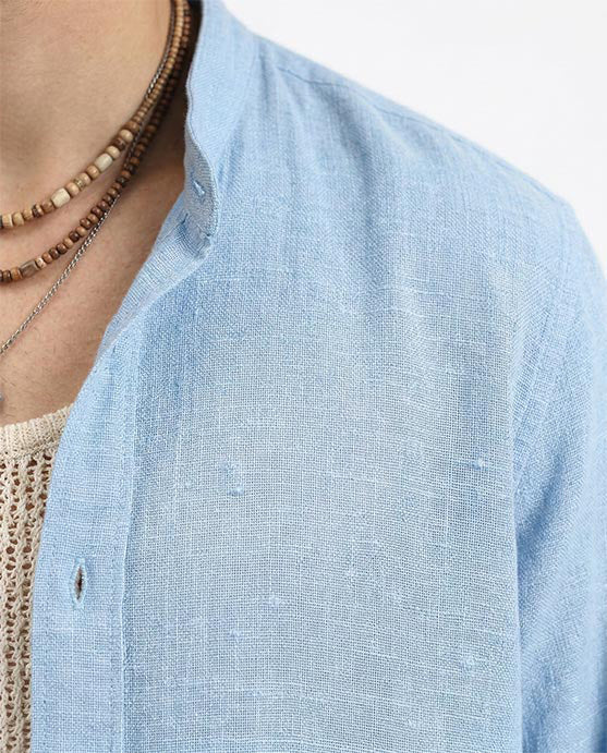 Ravin | Men's Sky Blue Premium-Blend Mandarin Collar Shirt - Baby Blue - R209098