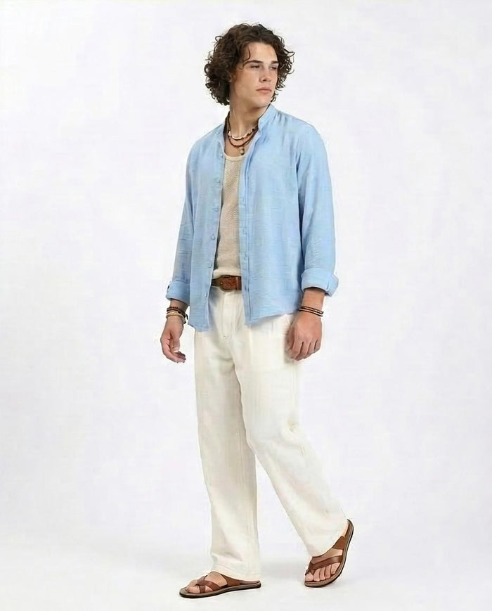 Ravin | Men's Sky Blue Premium-Blend Mandarin Collar Shirt - Baby Blue - R209098