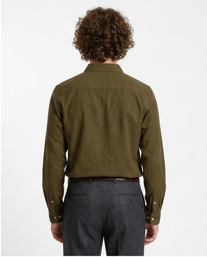 Ravin Men’s Tailored Fit Olive Green Long-Sleeve Shirt - Textured Cotton Blend - R206395