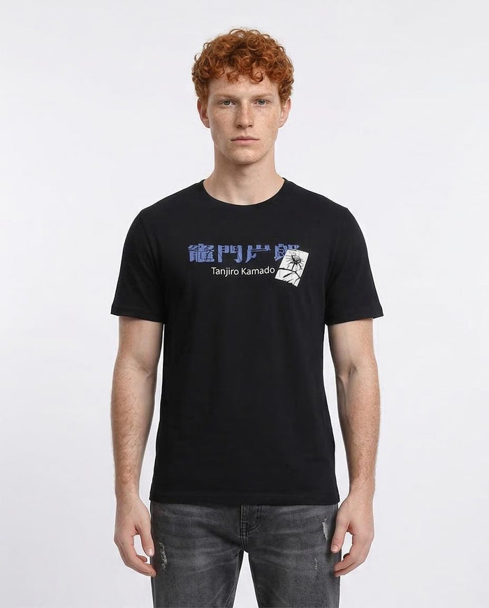 Man wearing a black t-shirt with graphic design and text on a white background