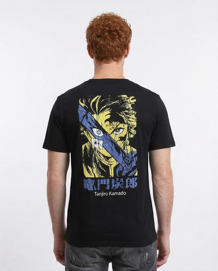 Person wearing a black t-shirt with an anime character design on the back, against a white background