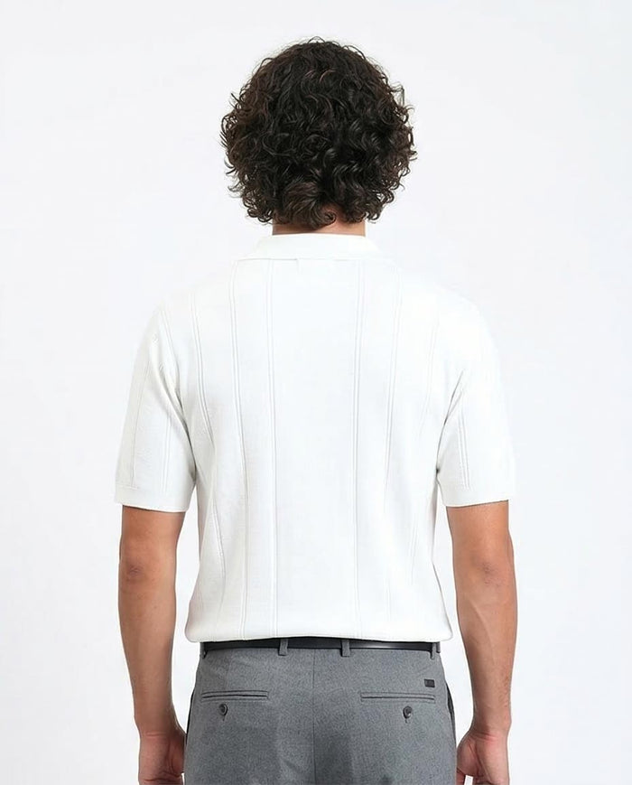 Ravin Men’s Textured Channeled Knit Johnny Collar Polo – Off-White - R213022