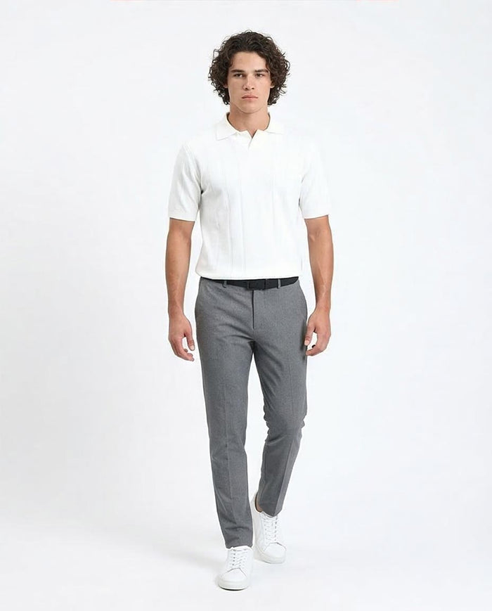 Ravin Men’s Textured Channeled Knit Johnny Collar Polo – Off-White - R213022