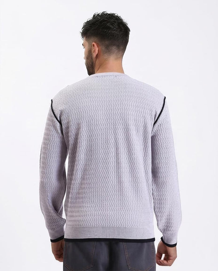 Ravin Men's Textured Chevron Knit Crewneck Sweater with Contrast Piping - Grey - R214489
