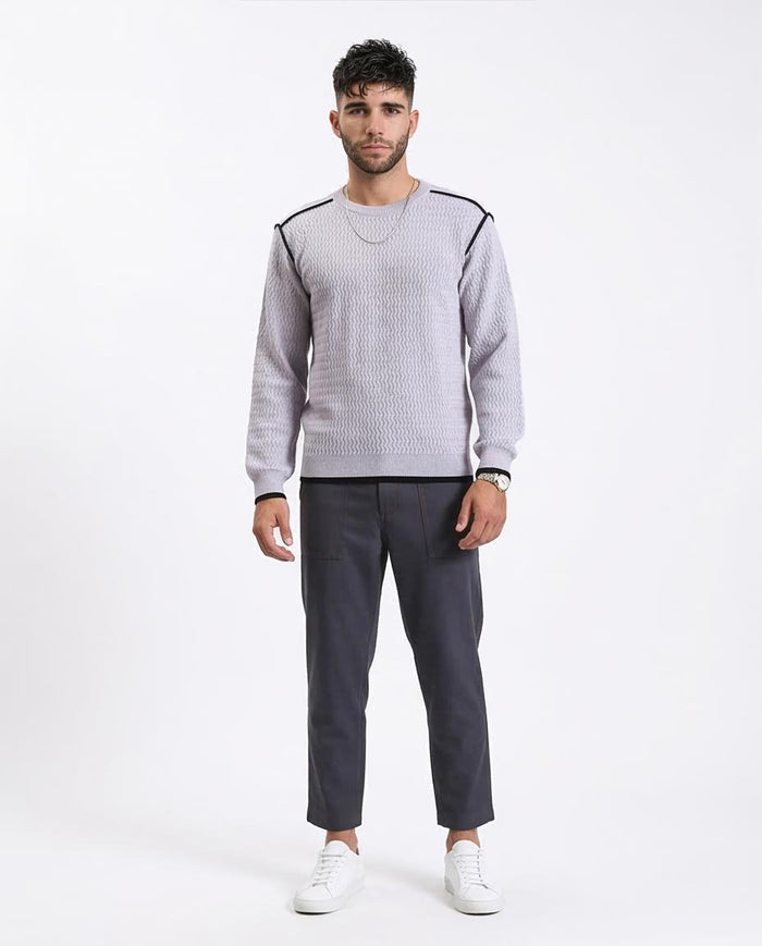 Ravin Men's Textured Chevron Knit Crewneck Sweater with Contrast Piping - Grey - R214489