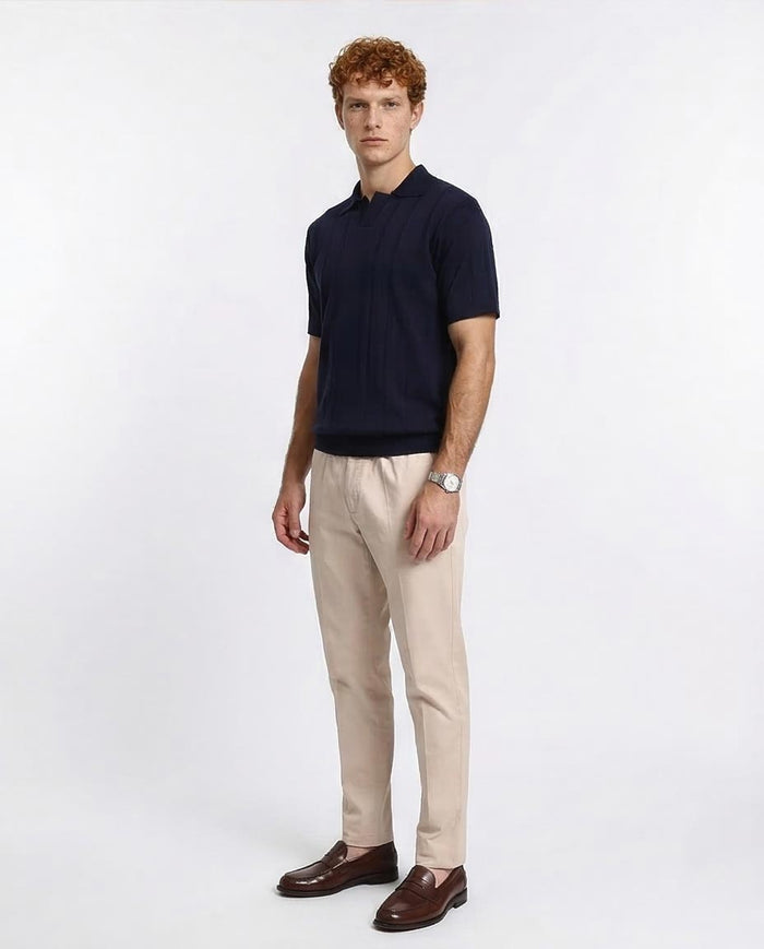 Ravin Men’s Textured Knit Split-Neck Polo – Navy Blue Ribbed Short Sleeve - R213773
