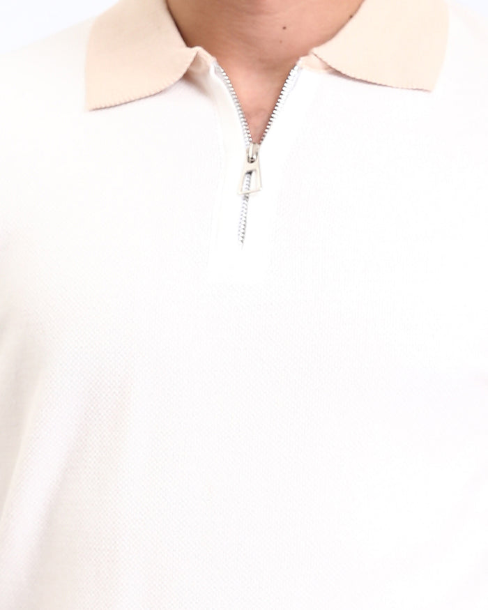 Ravin Men's Textured Knit Zip-Polo with Contrast Collar - Light Beige - R213029