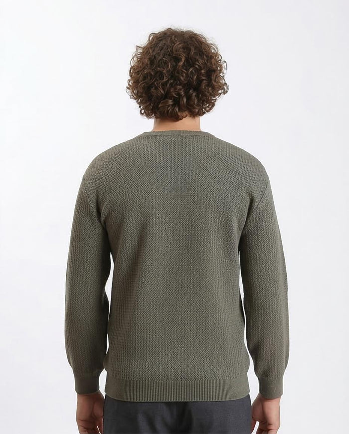 Ravin Men’s Textured Olive Knit Sweater with Signature Stripe Detail - R214478