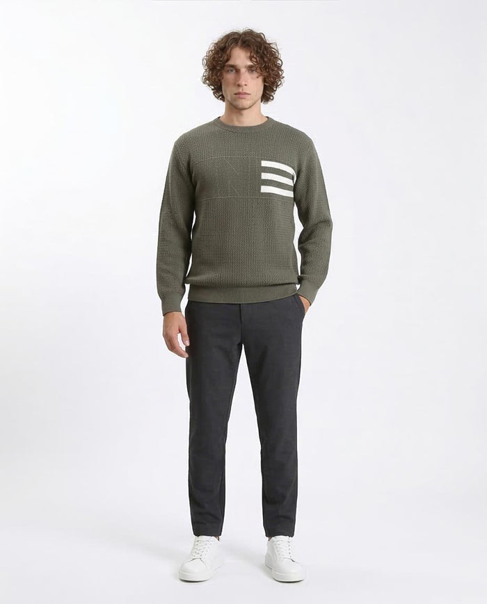 Ravin Men’s Textured Olive Knit Sweater with Signature Stripe Detail - R214478