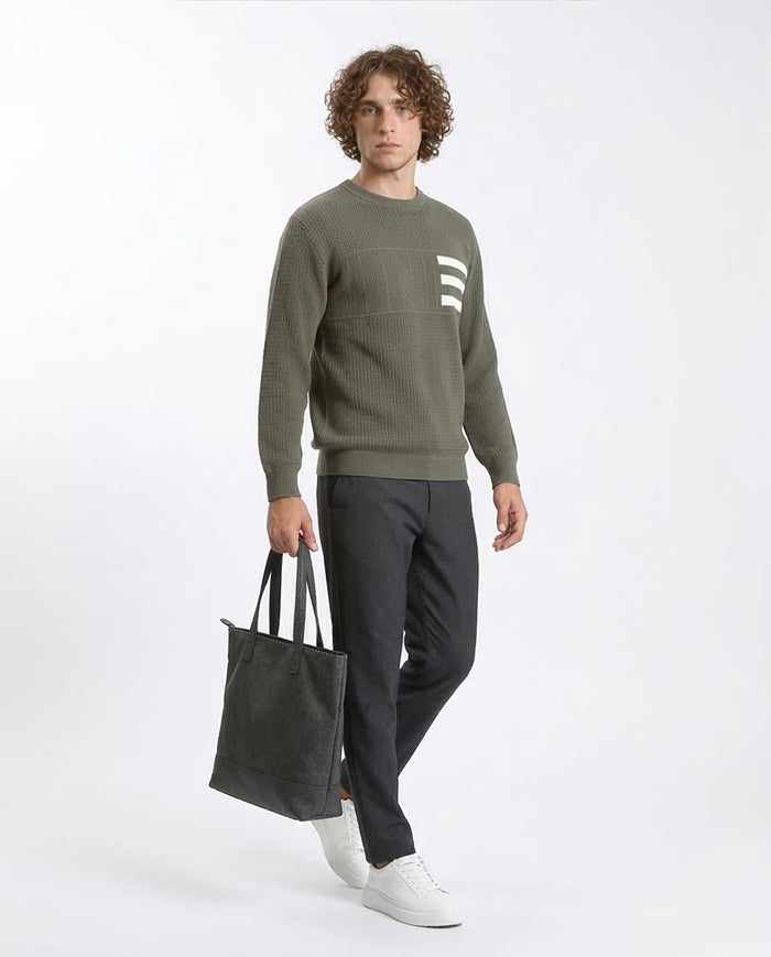 Ravin Men’s Textured Olive Knit Sweater with Signature Stripe Detail - R214478