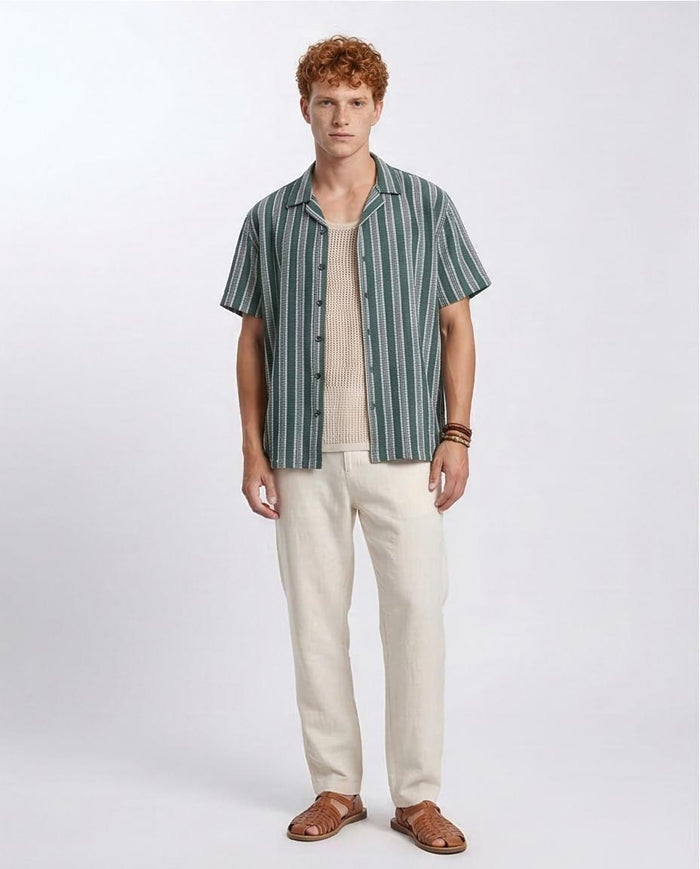 Ravin | Men's Textured Striped Camp Collar Shirt – Forest Green - R208103