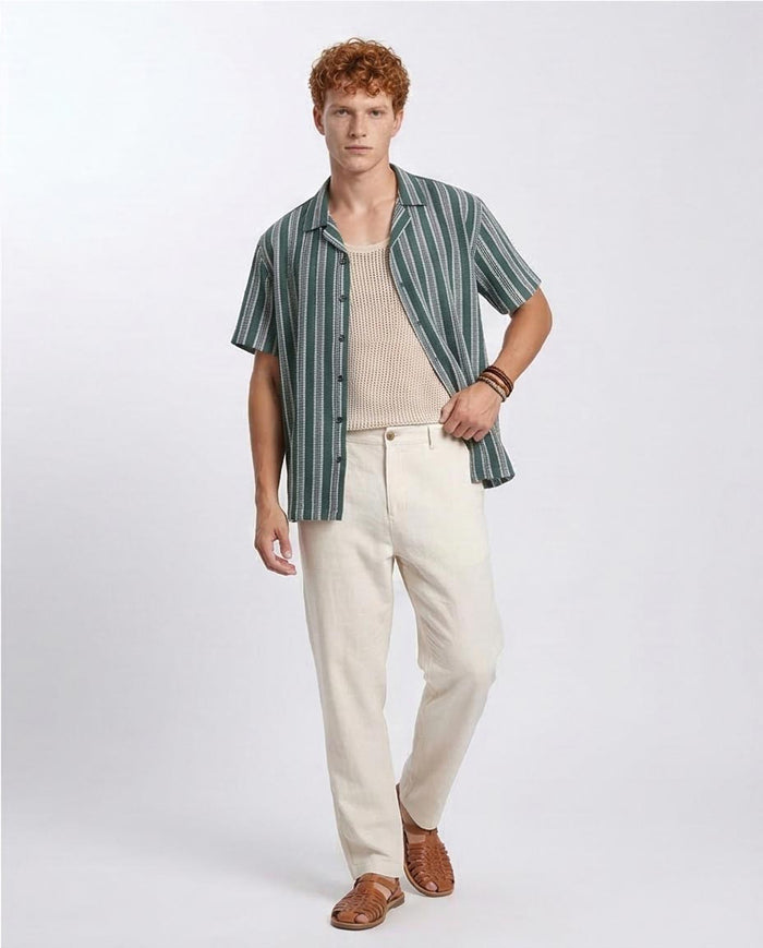 Ravin | Men's Textured Striped Camp Collar Shirt – Forest Green - R208103