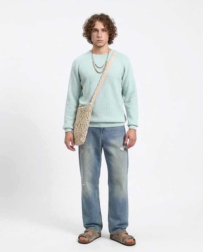 Ravin Men’s Textured Waffle-Knit Crew Neck Sweater - Aqua - R214480