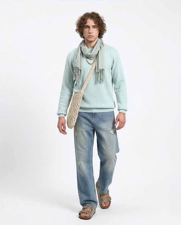 Ravin Men’s Textured Waffle-Knit Crew Neck Sweater - Aqua - R214480