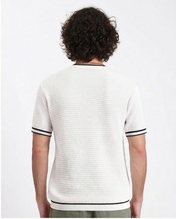 Ravin Men's Textured Waffle-Knit Crewneck with Contrast Tipping - White -R209203