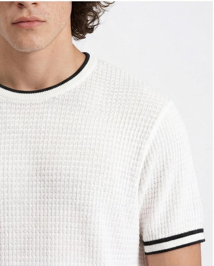 Ravin Men's Textured Waffle-Knit Crewneck with Contrast Tipping - White -R209203