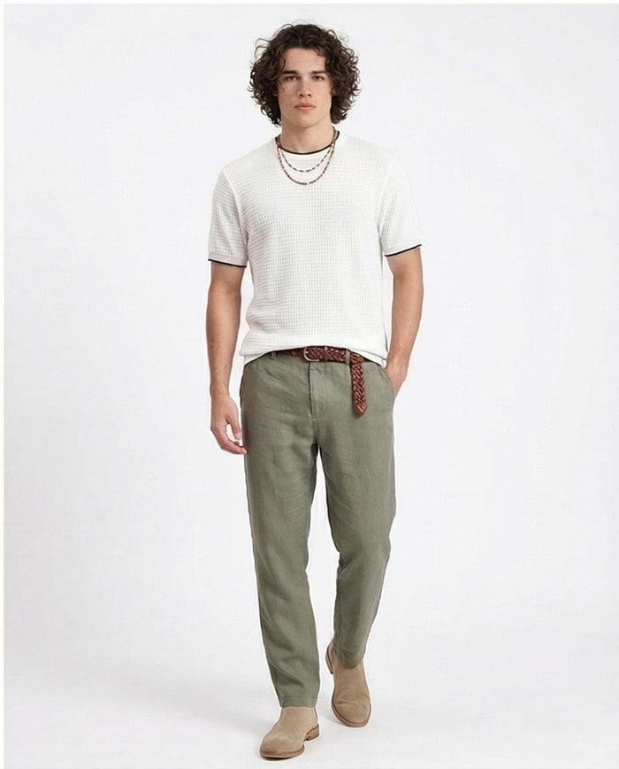Ravin Men's Textured Waffle-Knit Crewneck with Contrast Tipping - White -R209203