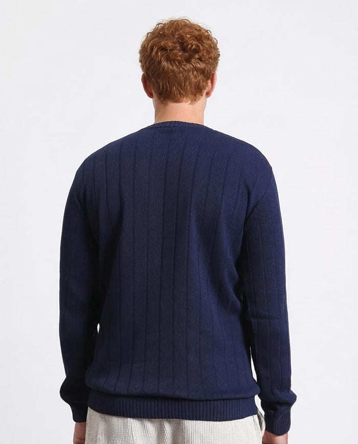 Ravin Men’s Vertical Ribbed Crew Neck Knit Sweater – Navy Blue - R212600