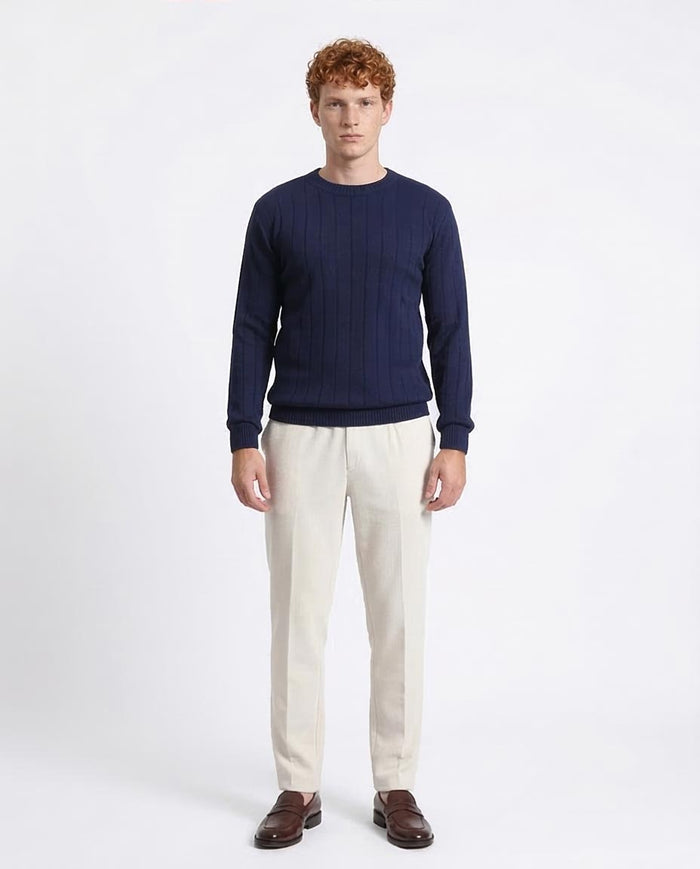 Ravin Men’s Vertical Ribbed Crew Neck Knit Sweater – Navy Blue - R212600