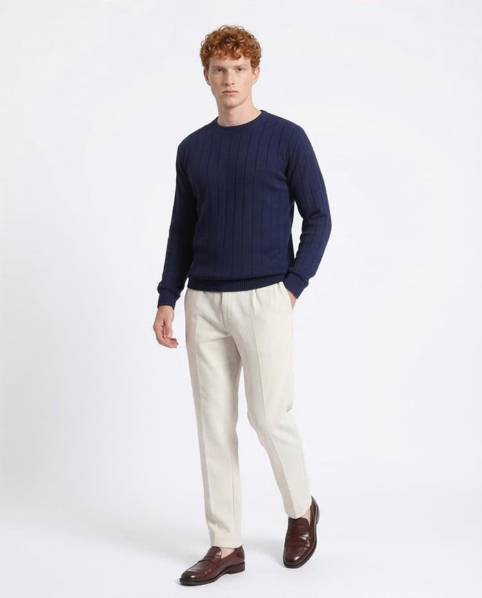 Ravin Men’s Vertical Ribbed Crew Neck Knit Sweater – Navy Blue - R212600