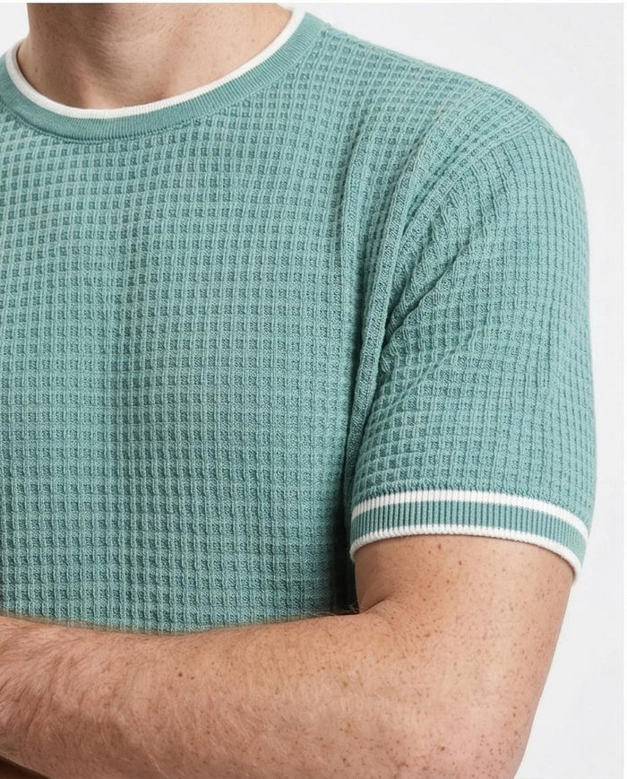 Ravin Men’s Waffle-Knit Textured Crewneck – Sage Green with Tipped Ribbing - R209202