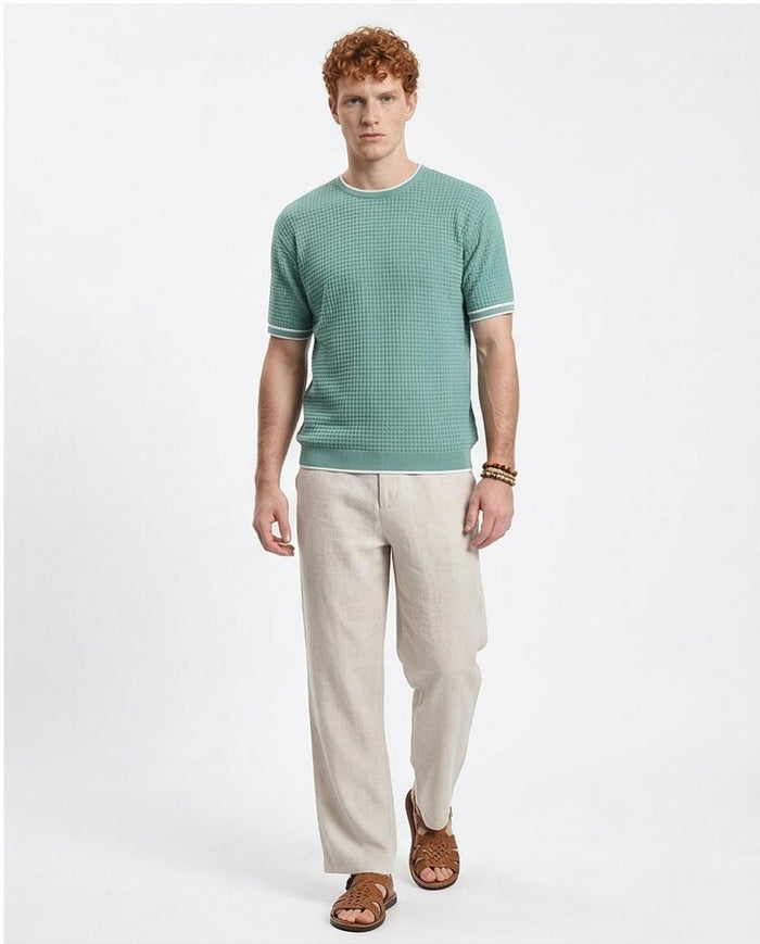 Ravin Men’s Waffle-Knit Textured Crewneck – Sage Green with Tipped Ribbing - R209202