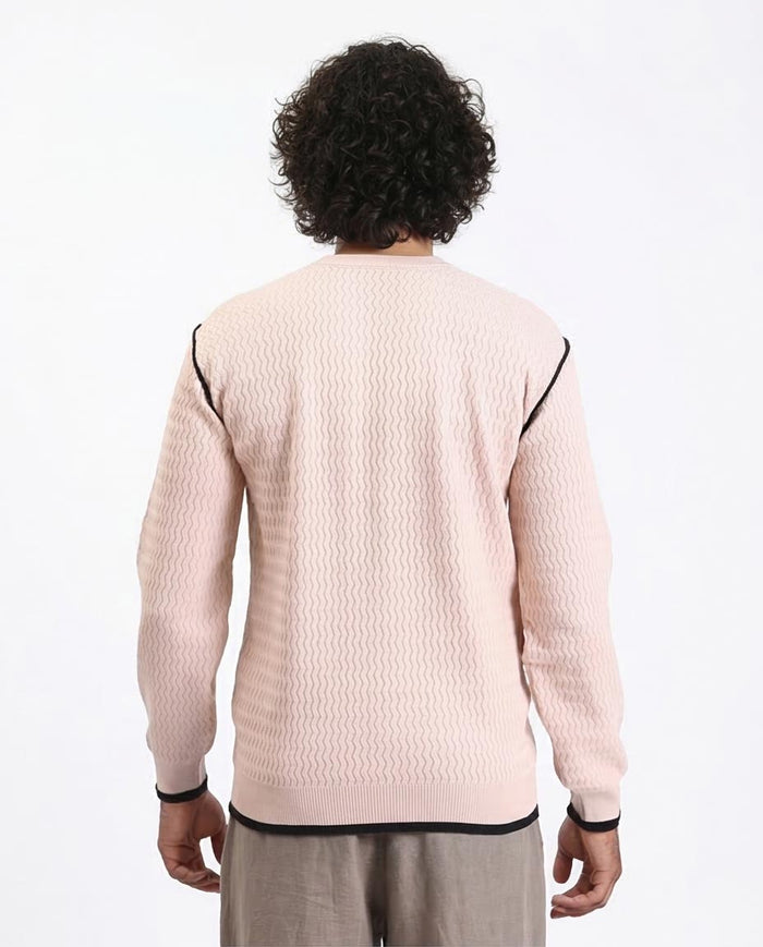 Ravin Men's Zig-Zag Textured Knit Sweater with Contrast Piping Detailsr - Beige - R214490