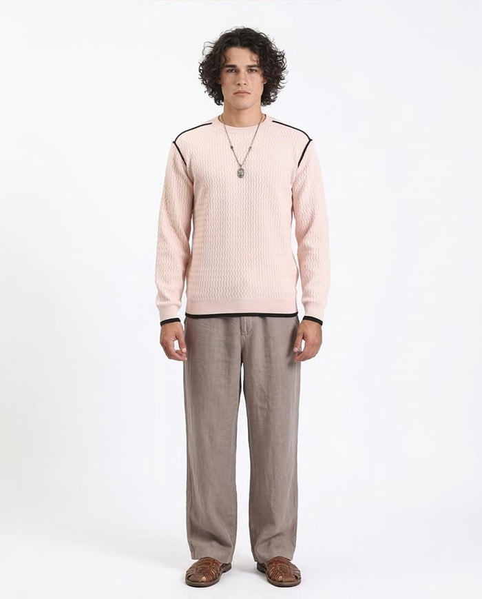 Ravin Men's Zig-Zag Textured Knit Sweater with Contrast Piping Detailsr - Beige - R214490